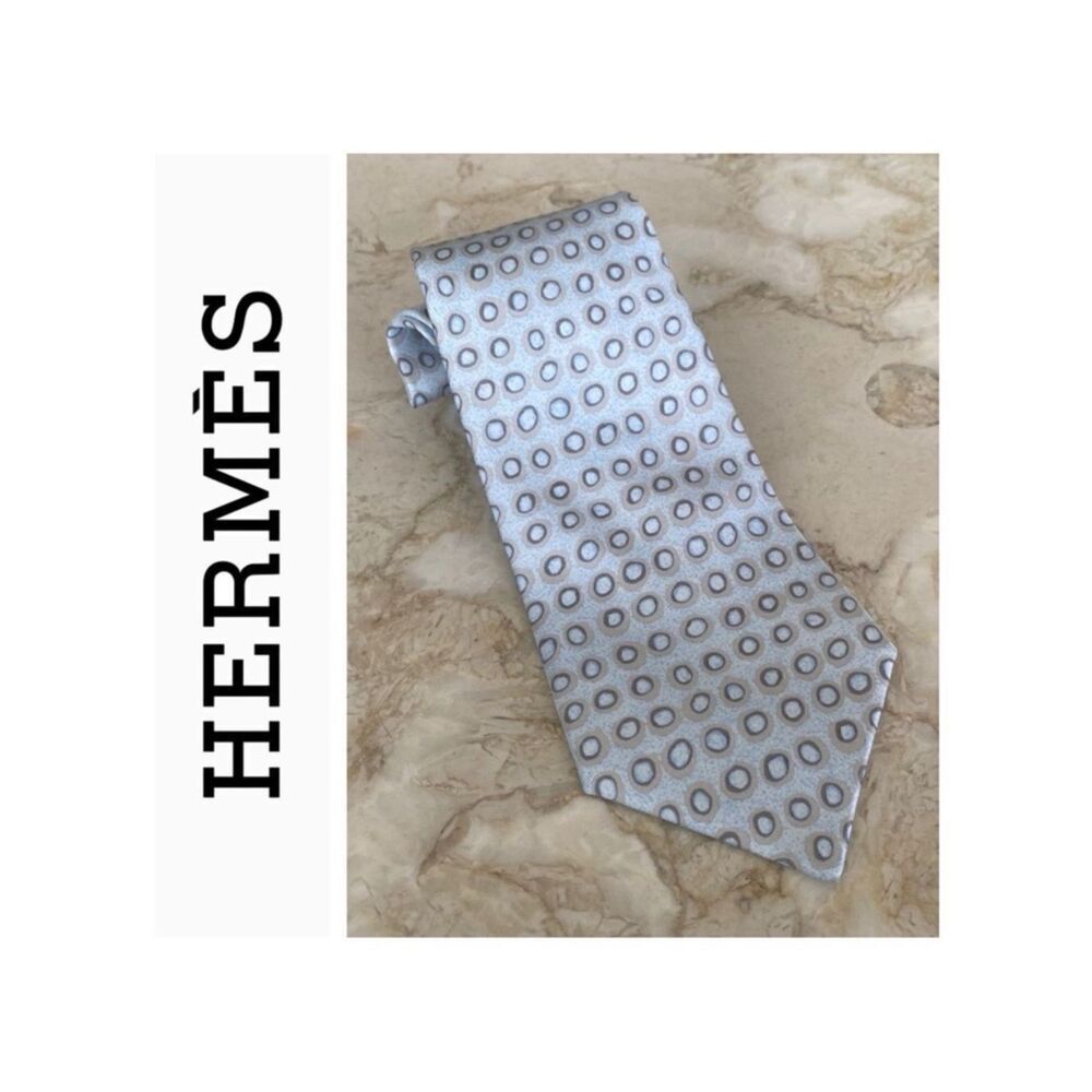 Hermes 100% Silk Baby Blue Polka Dot Tie